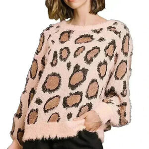 Umgee | Soft and fuzzy pink animal print pullover with puff  sleeves
